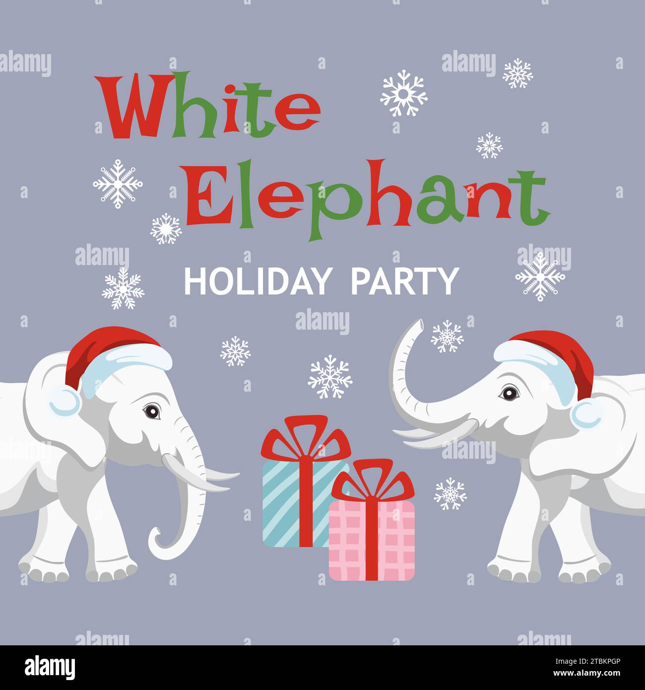 Invitation à la fête de Noël de l'éléphant blanc. Modèle d'affiche mignon pour le jeu d'échange de cadeaux White Elephant. Illustration vectorielle. Illustration de Vecteur