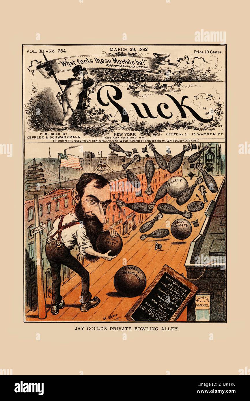 L'impression montre Jay Gould bowling sur Wall Street en utilisant des boules de bowling étiquetées Private Press, General Unscruulousness, False Reports, [et] supercherie pour abattre des quilles étiquetées Banker, Small Operator, Speculator, stock Dabbler, Broker, investisseur inexpérimenté, capitaliste, [et] Curb Stone Broker.» Comprend une ardoise montrant les avoirs de Gould dans divers chemins de fer, ''Western Union, Missouri Pacific, Manhattan 'l', Wabash, New York METR. 'L', [et] Wabash Preferred'' totalisant ''53,000,000''. Frederick Burr Opper, 1857-1937. 29 mars 1882' Banque D'Images