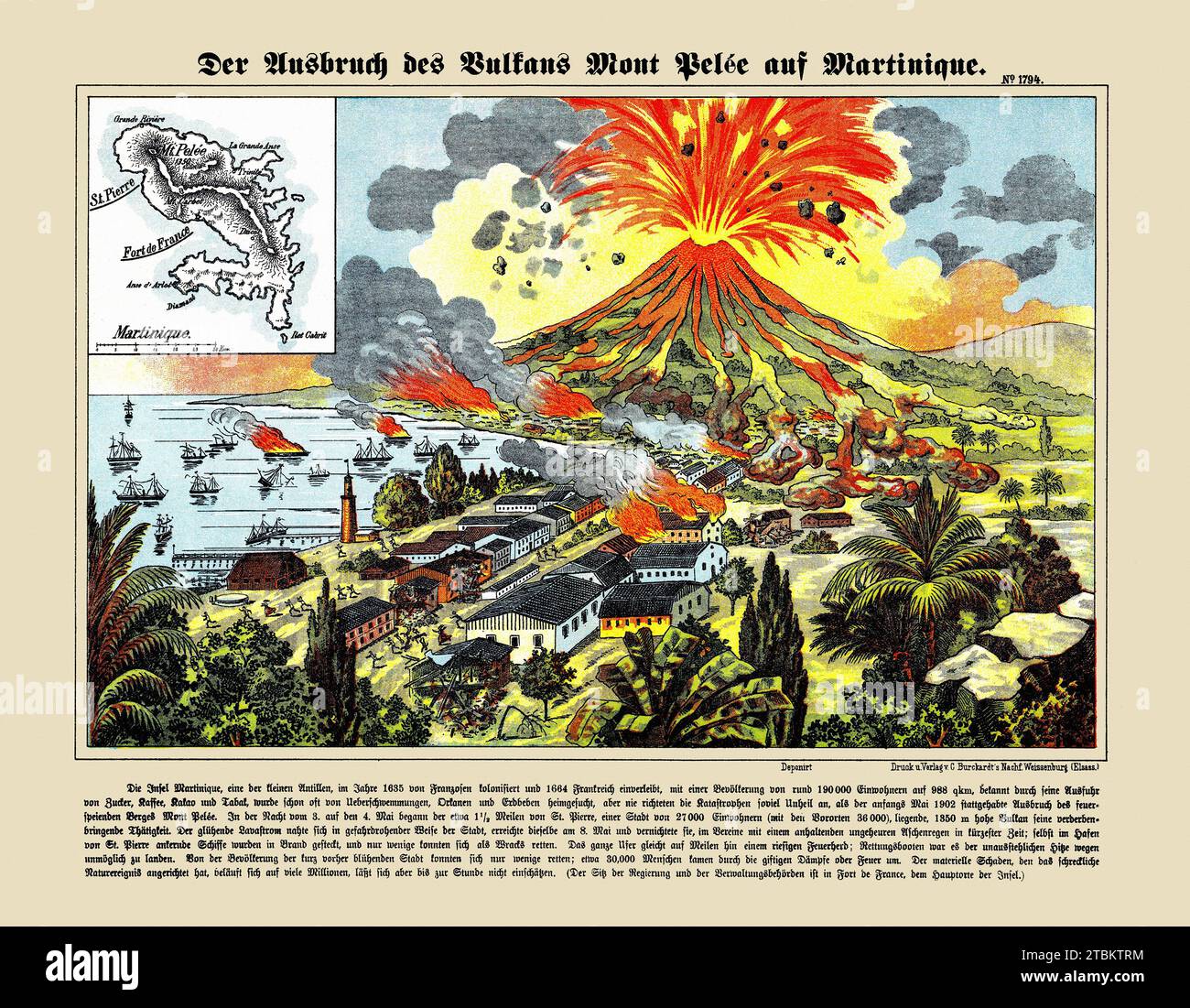 'Der Ausbruch des Vulkans Mont PEL?e auf Martinique. La carte picturale colorée représente l'une des grandes catastrophes naturelles de l'époque moderne, l'éruption spectaculaire de la montagne Pelée en Martinique en avril 1902. sur la feuille 34x43. Date estimée. Comprend des notes. Le stratovolcan de la montagne Pelée constitue la partie nord de l'île de Martinique, longue colonie française. La plus grande ville de l'île, St. Pierre, assis près du pied du volcan. Comme le montre le présent imprimé, le volcan a violemment éclaté, avec des coulées de cendres et de lave régnant sur la ville. St. Pierre et une grande partie des pays environnants Banque D'Images