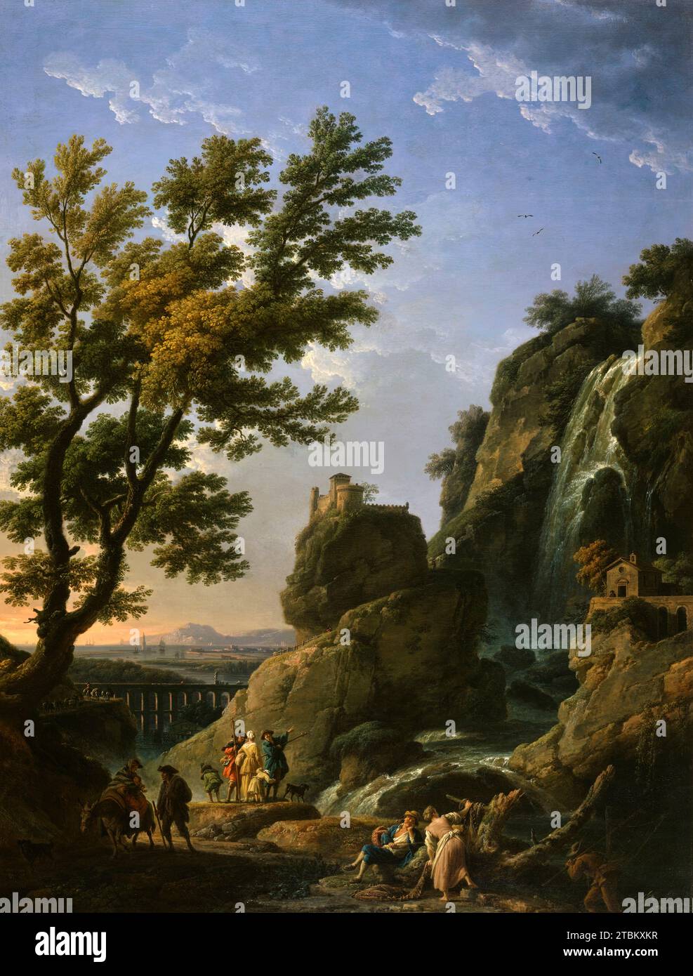 Paysage avec cascade et figures, 1768. À l'âge de vingt ans, Vernet quitte Avignon pour un long séjour à Rome où il dévore un style de peinture de paysage idéalisé dérivé des traditions classiques du 17e siècle de Claude Lorrain et Salvator Rosa. Ce n'est qu'en 1762 qu'il s'installa à Paris, où il y peignit avec succès des scènes marines et des vues "pittoresques" qui rappelaient son séjour italien ainsi que reflétaient une dette envers la peinture de paysage hollandaise. Son travail a été admiré par une large clientèle internationale. Scènes avec cascades de cascades vaguement basées sur le célèbre Banque D'Images