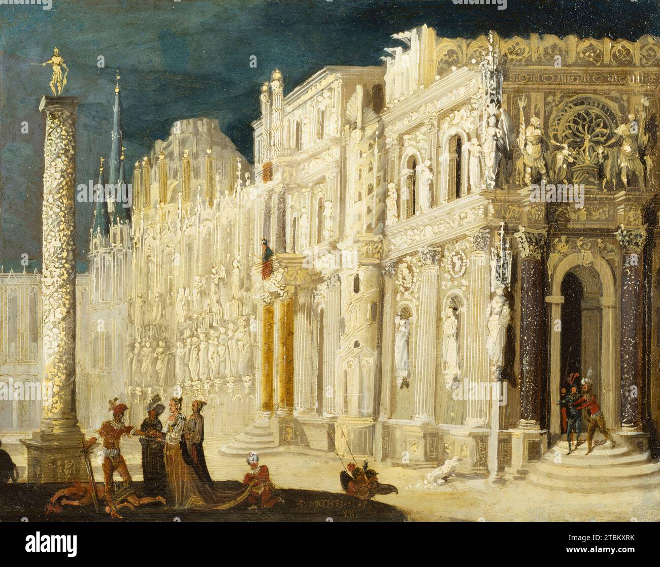 Tête de Saint Jean-Baptiste présentée à Salomé, c1620-1624. Scène de l'histoire chrétienne la plus ancienne au milieu d'une architecture fantastique, mystérieusement éclairée sous un ciel sombre. La petite échelle des chiffres fait que les bâtiments semblent énormes. De Nom&#xe9 ; a imaginé d'anciens paysages de rues d'Athènes et de Jérusalem comme bordés de sculptures et de riches ornements architecturaux. Le mélange de de Nom&#xe9 ; d'éléments gothiques classiques et médiévaux tardifs de son pays natal ajoute à l'unicité et à l'excentricité de ses compositions. La petite taille des plaques de cuivre et la complexité des compositions attirent l'attention Banque D'Images