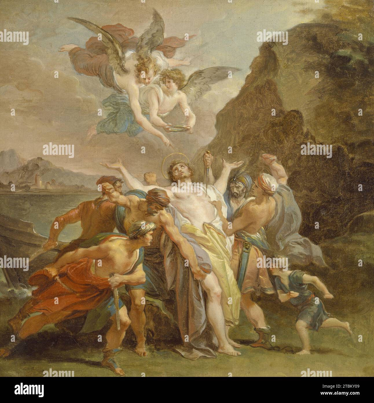 Le martyre du Bienheureux Signoretto Alliata, c1794-1796. Signoretto Alliata était un noble de Pise qui a passé sa vie en Sicile, travaillant dans les hôpitaux. À la fin de sa vie, il devint ermite et vécut en isolement dans un endroit désert sur le rivage. Selon la légende, il a reçu son martyre près de son domicile aux mains d'une bande de pirates nord-africains. Dans la peinture, les pirates peuvent être reconnus comme musulmans par leurs turbans. Pour un public chrétien, la scène a transmis la mort d'un homme béni aux mains d'infidèles. Son corps pâle lumineux et ses drapés symbolisent sa pureté. Anges Hand Banque D'Images
