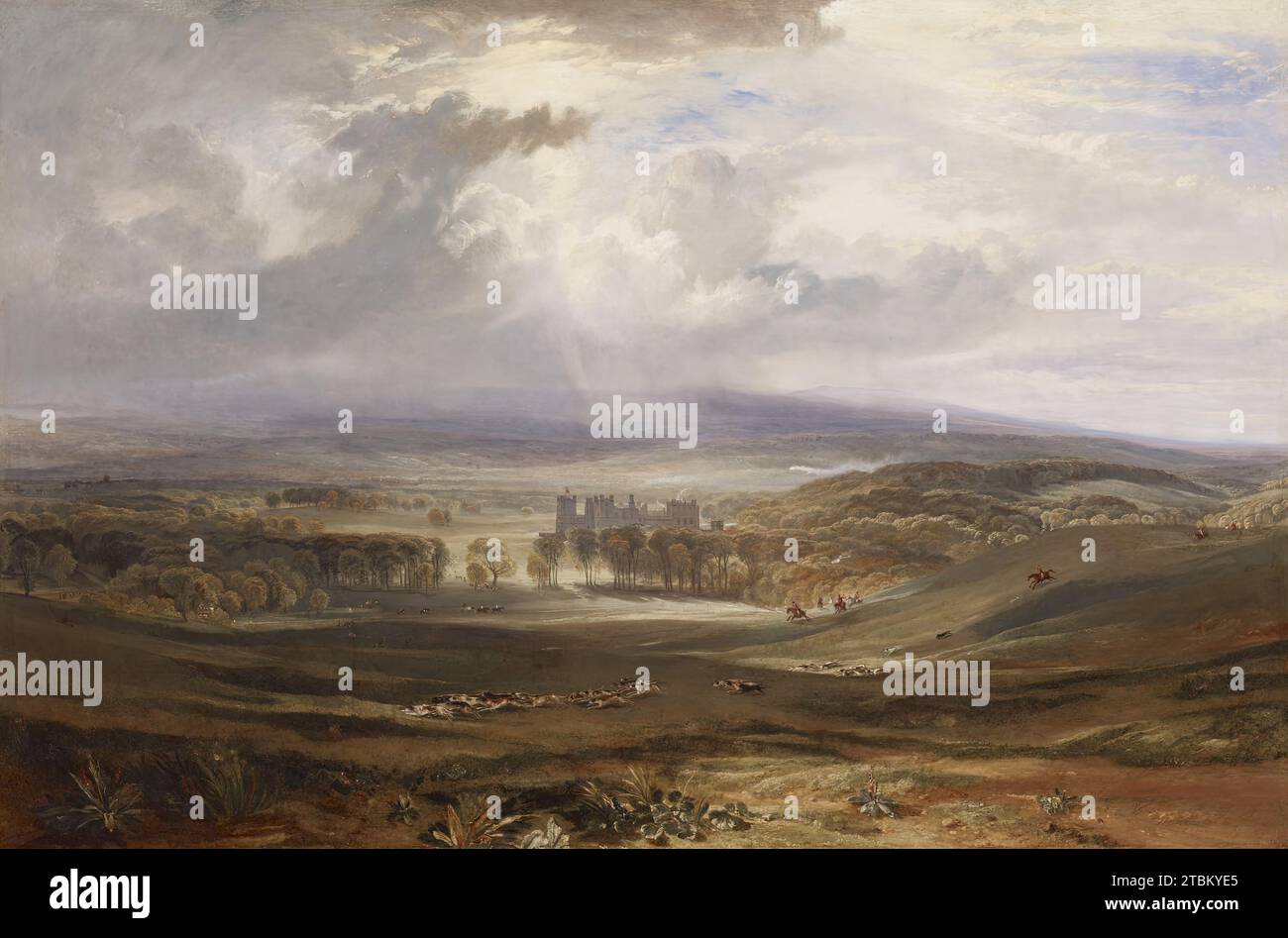 Château de Raby, siège du comte de Darlington, 1817. Avant de peindre des sujets romantiques tirés de sources classiques, bibliques, littéraires et contemporaines, Turner s'est spécialisé dans les vues topographiques. Cette œuvre, commandée par le troisième comte de Darlington, est l'un des « portraits de maison » les plus réussis de Turner. C’est aussi l’une des premières œuvres dans lesquelles il exploite pleinement le potentiel dramatique du ciel. Le comte, un sportif passionné qui aurait chassé six jours par semaine, a peut-être influencé le rendu de la scène par Turner. Lorsque la peinture a été exposée pour la première fois à la Royal Academy in Banque D'Images