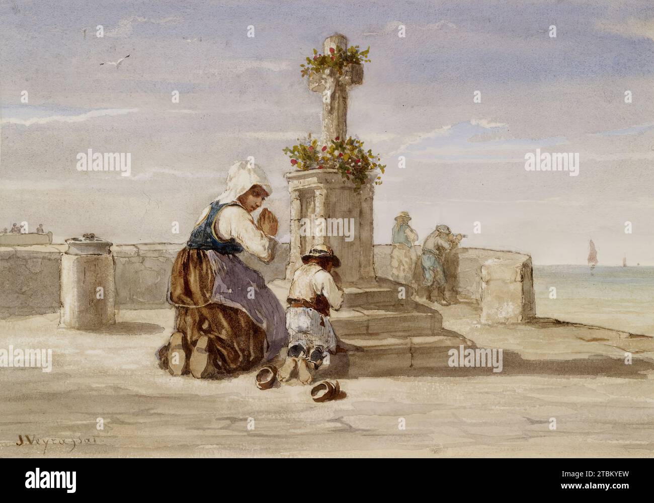 Femme et enfant agenouillés devant une croix, c1865. Banque D'Images