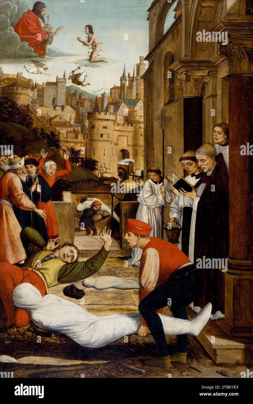 Saint Sébastien intercède pour la peste frappée, 1497-1499. St. Sebastian était un officier militaire romain martyrisé autour de AD 300 en étant abattu plein de flèches puis matraqué à mort. On lui a demandé de se protéger contre la peste. Ce tableau représente une instance de son intercession. Selon la légende, cet événement s'est produit longtemps après la mort du saint, lors d'une épidémie de peste au 7e siècle à Pavie, en Italie. Ici, tout comme une victime doit être enterrée, un préposé à la tombe est frappé par la maladie. La peste, ou peste noire, a dévasté l'Europe pendant des siècles, et les spectateurs de la peinture ont pleuré Banque D'Images