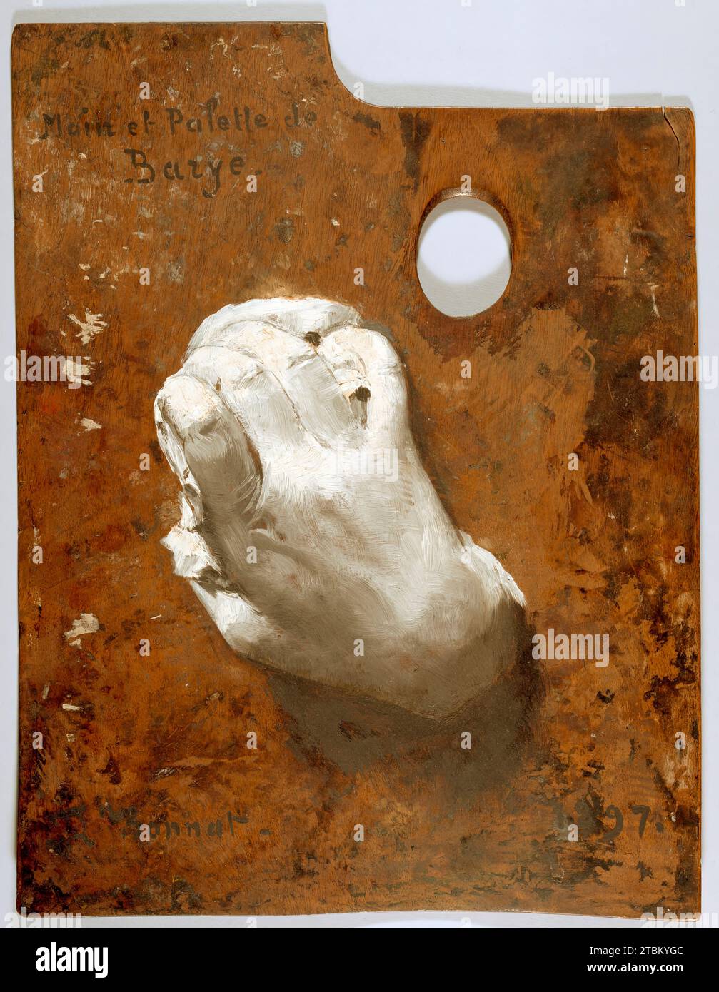 La main d'Antoine-Louis Barye, 1897. George A. Lucas, agent artistique de William Walters à Paris, livre un plâtre de la main d'Antoine Louis Barye à l'artiste et collectionneur Barye L&#xe9;sur Bonnat en avril 1897. Le mois de novembre suivant, Lucas exhorte Bonnat à peindre l'image de la fonte sur cette palette partiellement nettoyée, qui appartenait autrefois à Barye. Banque D'Images