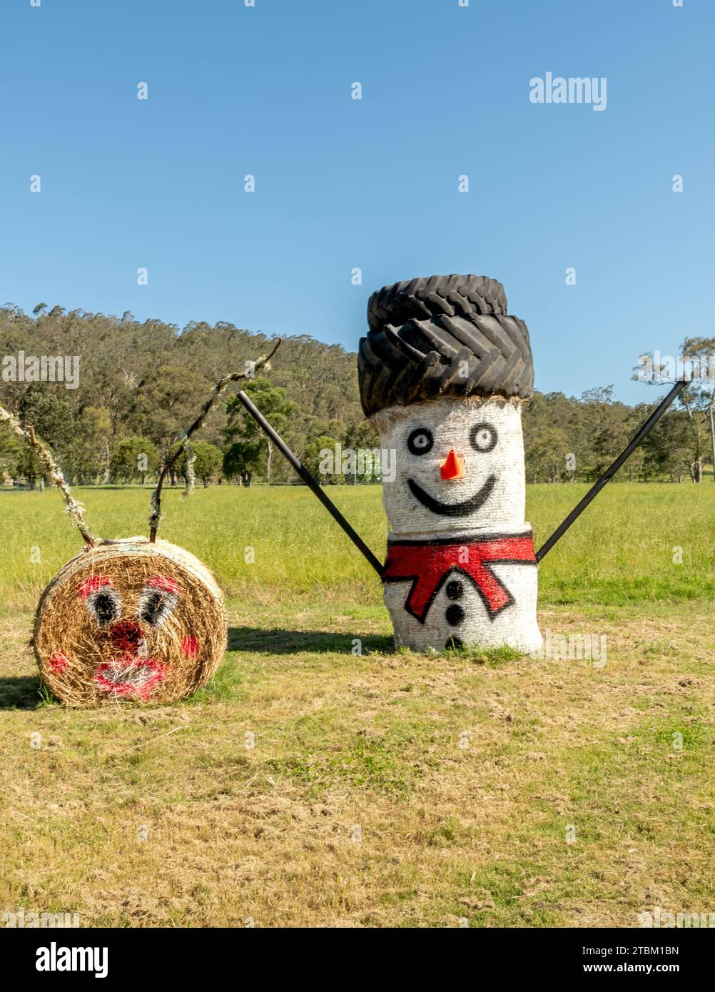 Maitland, Nouvelle-Galles du Sud, Australie. Déc 13, 2021 exposition de Noël d'art de balle de foin le long d'une autoroute. balles de foin peintes célébrant la saison des fêtes. Banque D'Images