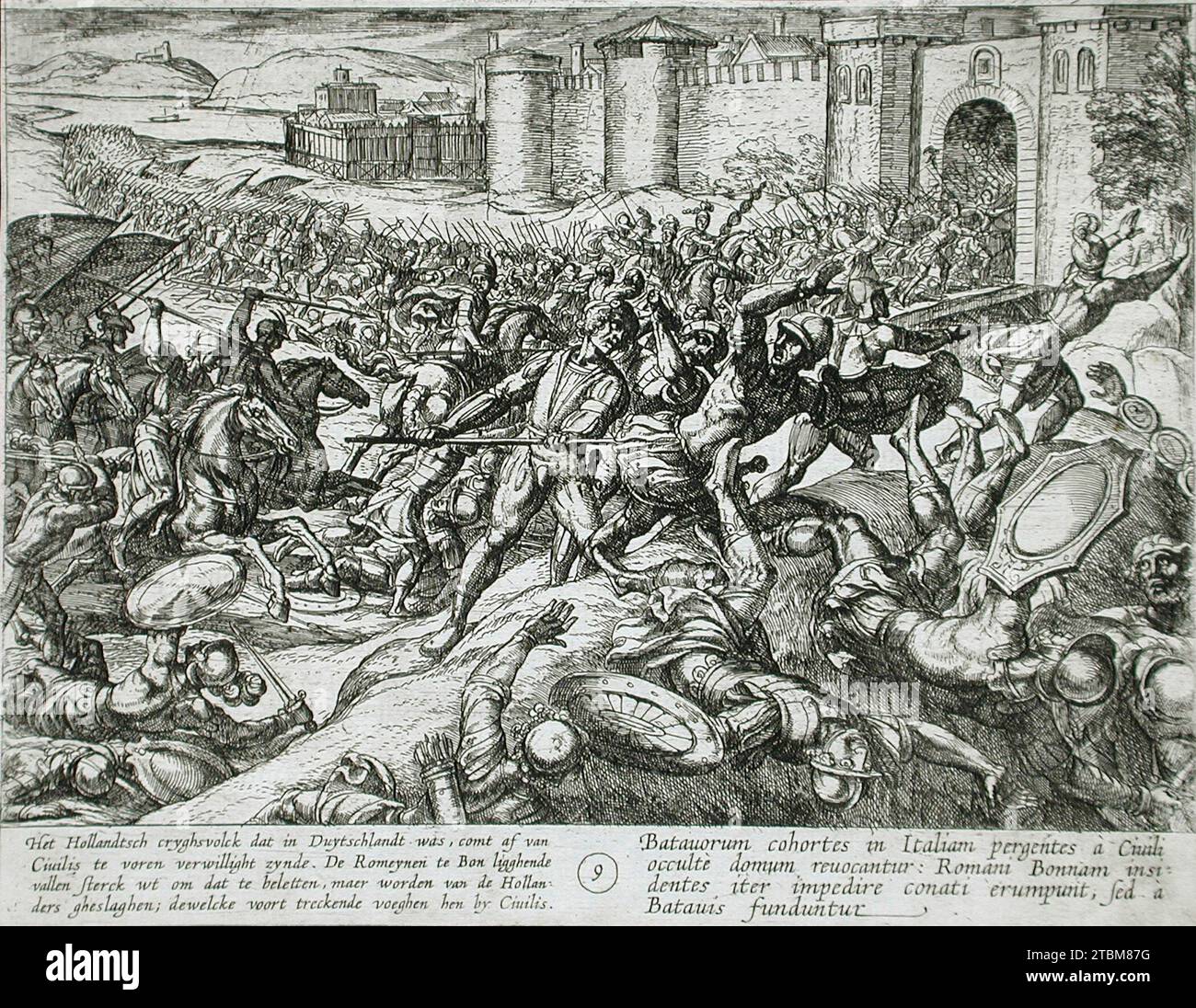 Les soldats néerlandais reviennent d'Allemagne pour aider les Civilis à vaincre les Romains, publié en 1612. Série : la guerre des Romains contre les Bataves, pl. 9. Banque D'Images