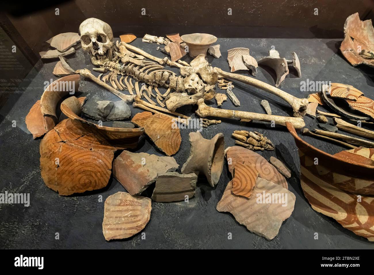 Ban Chiang Musée national, squelette et ornements de sépulture, période précoce, Ban Chiang, Udon Thani, Thaïlande, Asie du Sud-est, Asie Banque D'Images