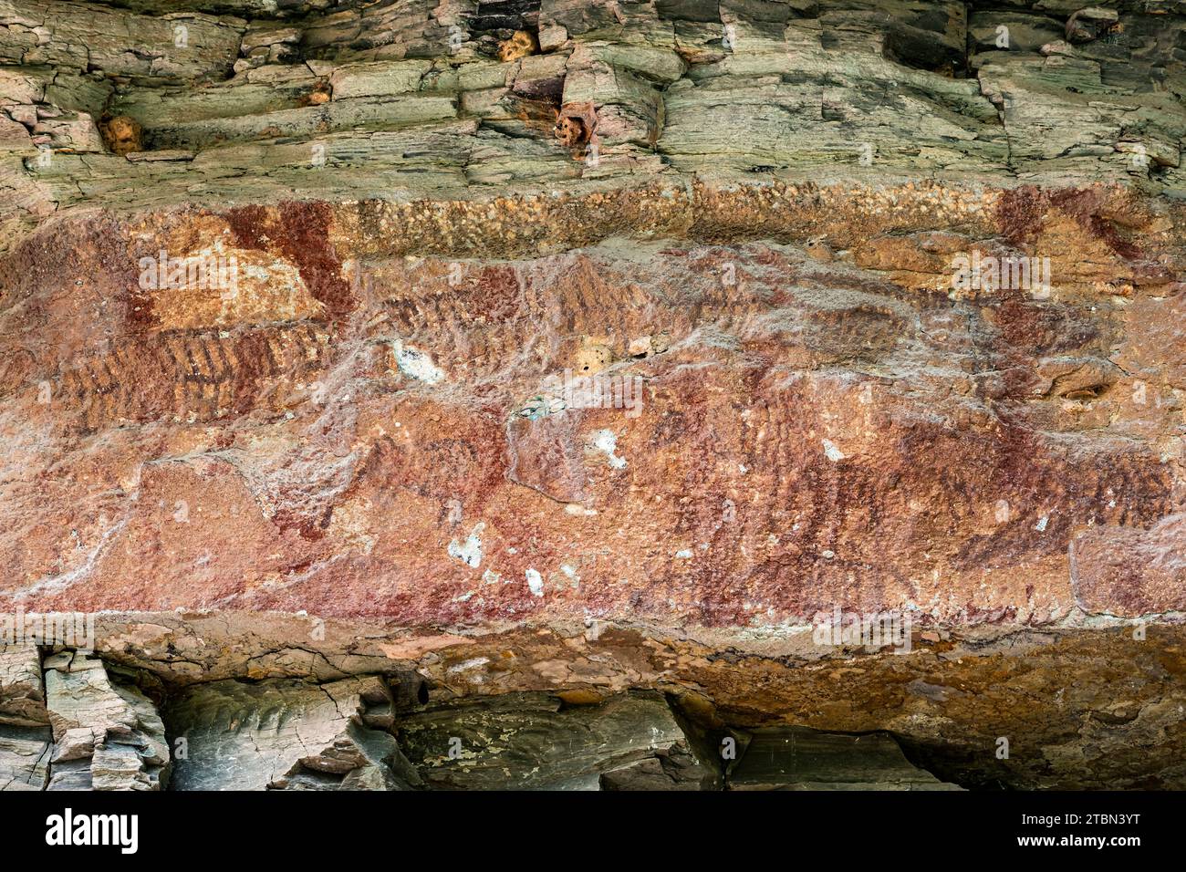 Parc national de PHA Taem, peintures rupestres préhistoriques à la falaise du Mékong (rivière), Groupe 1 'Pha Kham', Ubon Ratchathani, Thaïlande, Asie du Sud-est, Asie Banque D'Images
