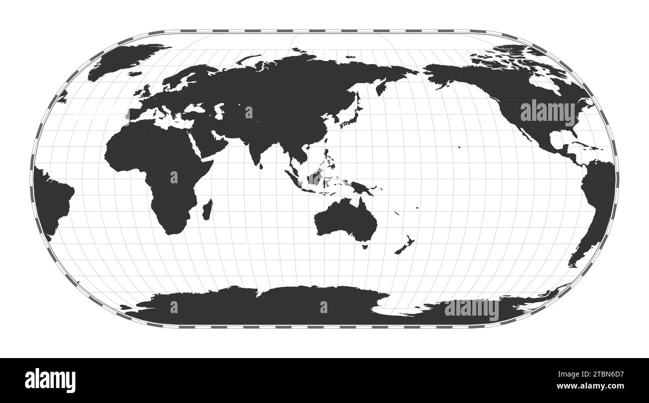 Carte du monde vectorielle. Projection Eckert III. Carte géographique du monde simple avec des lignes de latitude et de longitude. Centré sur une longitude de 120 degrés W. Vector illust Illustration de Vecteur