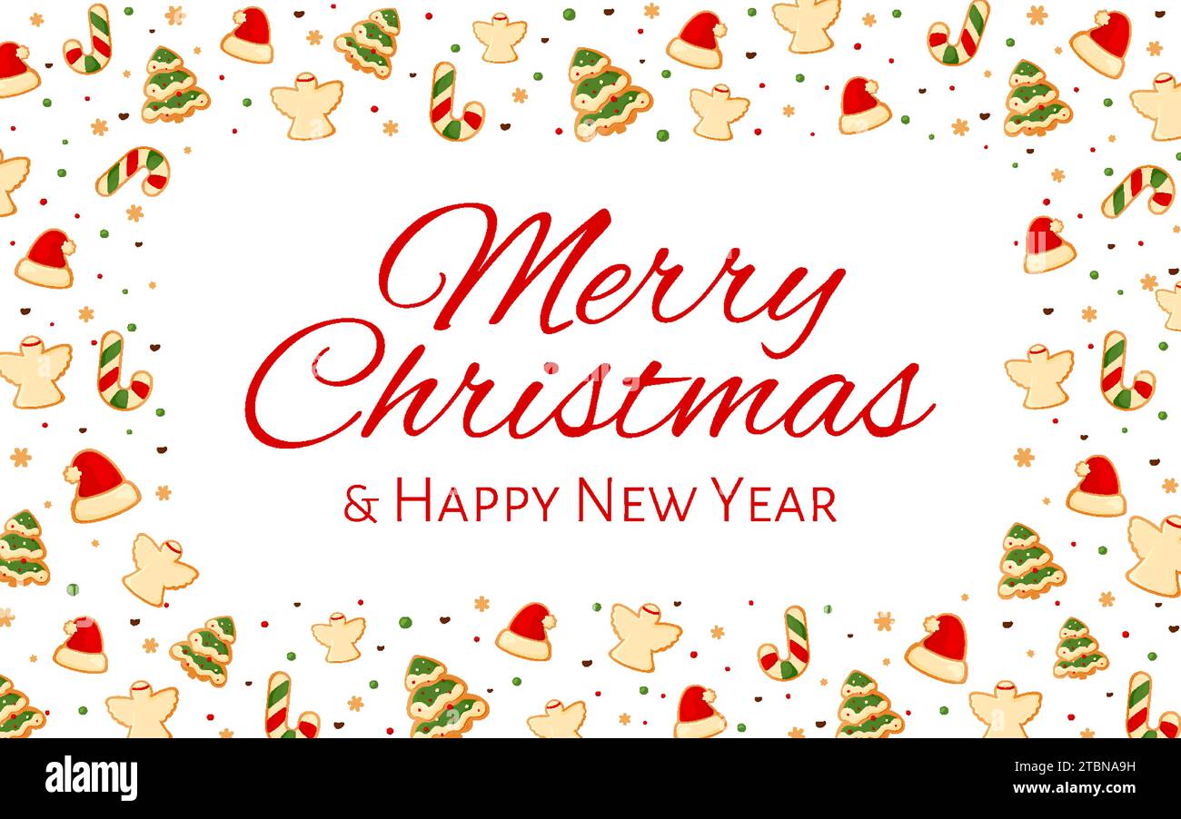 Joyeux noël gingembre cadre cookie bannière de voeux carte de nouvel an plat. Canne à sucre chapeau cadeau Noël arbre ange flocon de neige confettis glaçage dessert pain d'épice festif décor sucré fond de fête flyer de fête Illustration de Vecteur
