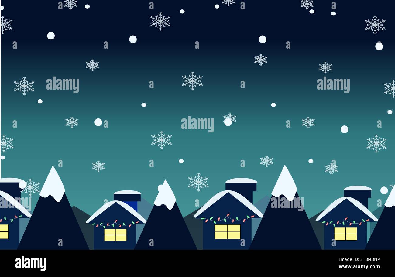 Neige dans le soir du village, paysage d'hiver plat, flocon de neige et neige Illustration de Vecteur