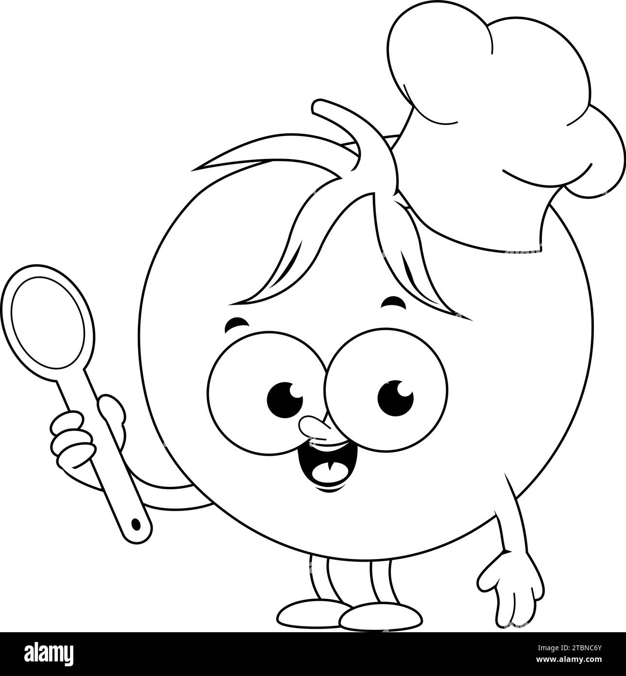 Chef de tomate de dessin animé tenant une cuillère de cuisine. Drôle de caractère de légumes de cuisine. Page de coloriage en noir et blanc vectoriel. Illustration de Vecteur