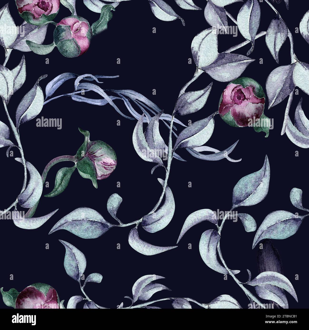 Motif aquarelle des tiges et des bourgeons isolés sur noir. Motif sans couture floral gothique dessiné à la main. Feuillage de fond de mariage gothique dans le style vintage. Banque D'Images