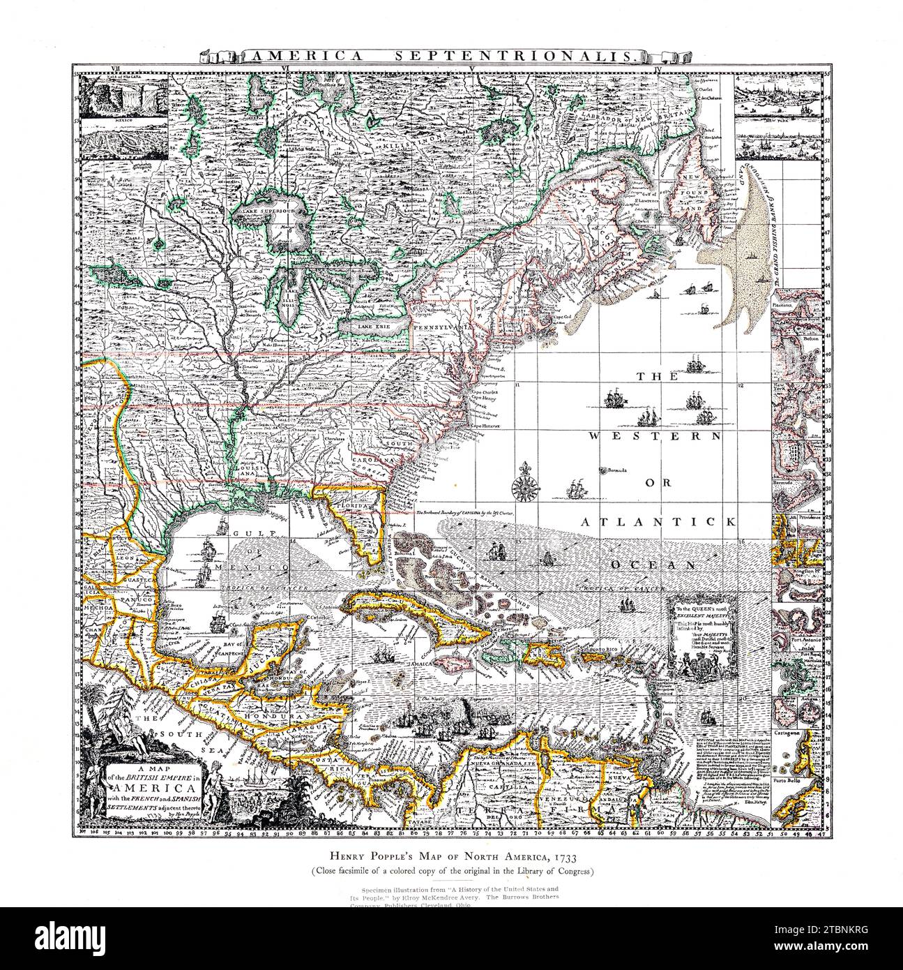 Une carte de l'Empire britannique en Amérique avec les colonies françaises et espagnoles adjacentes partout. Banque D'Images