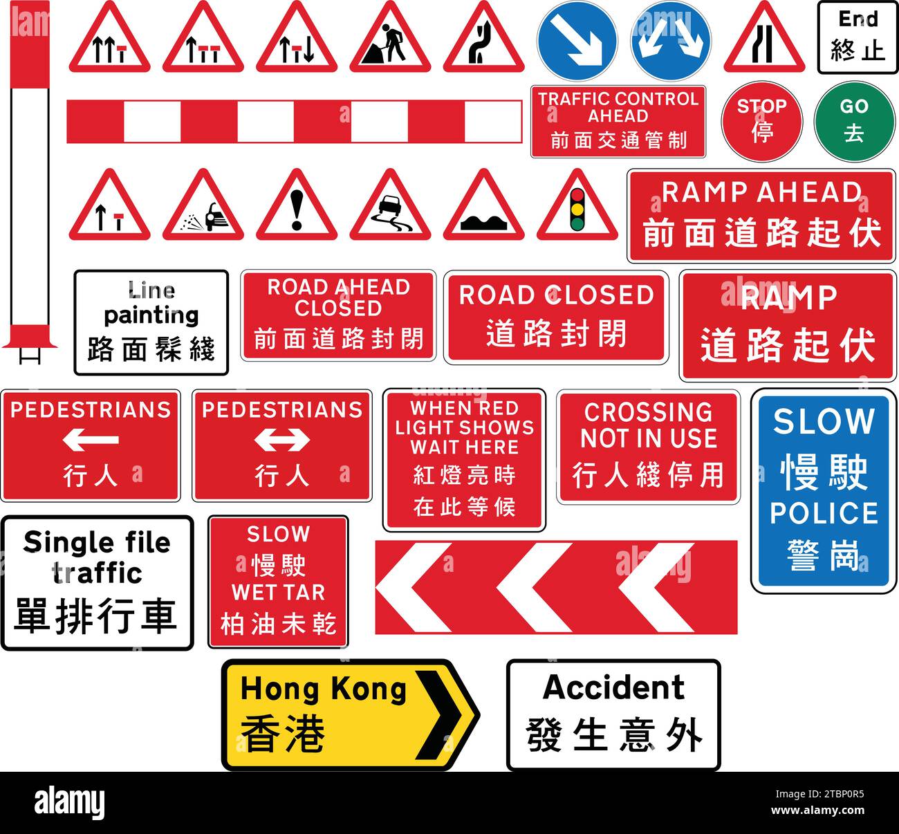 Hong Kong trafic urbain et routier temporaire, panneaux de construction en vrac comme un ensemble. Collection asiatique : panneaux de signalisation de Hong Kong Illustration de Vecteur