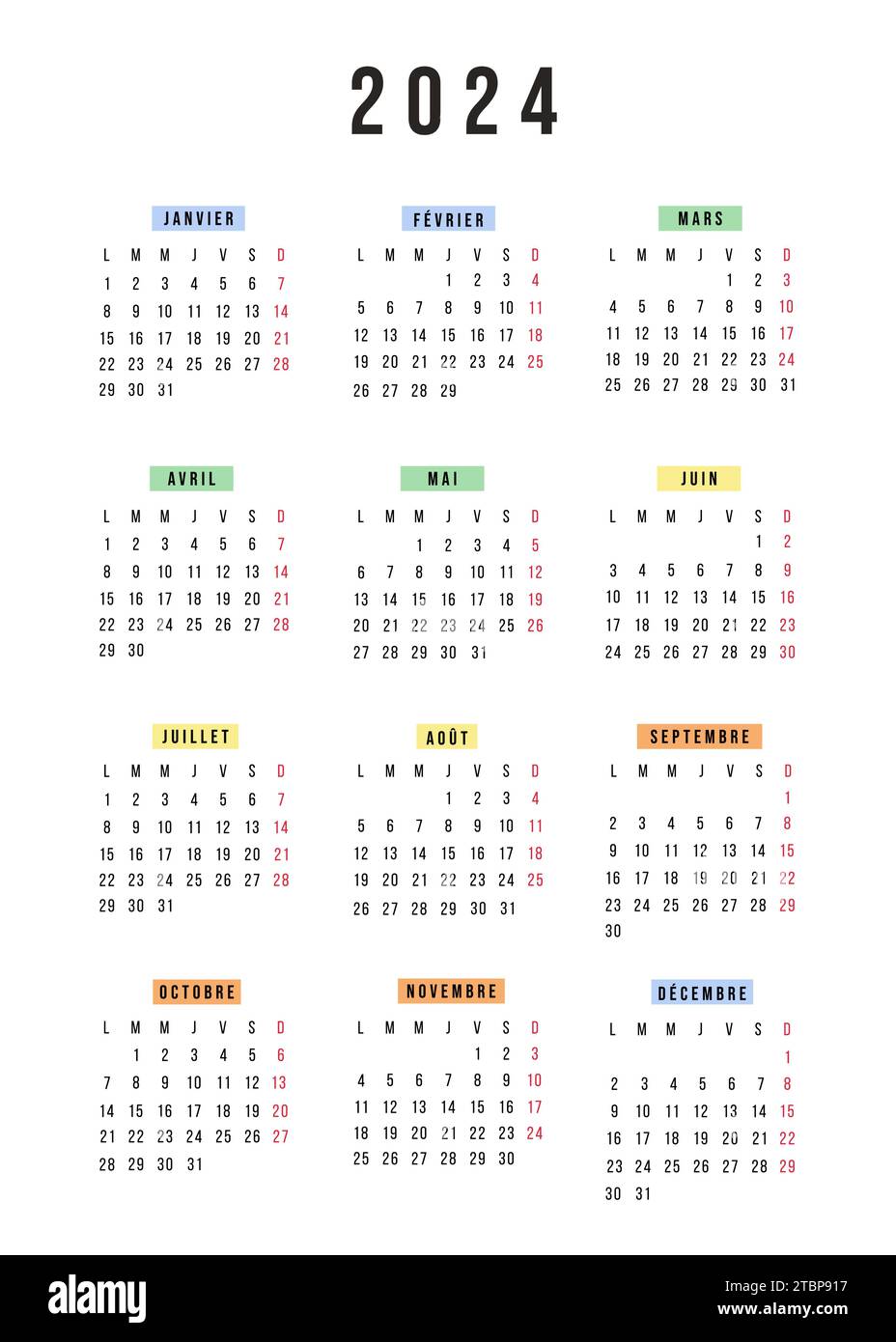 Calendrier français 2024 année. La semaine calendaire Vector Stationery ...