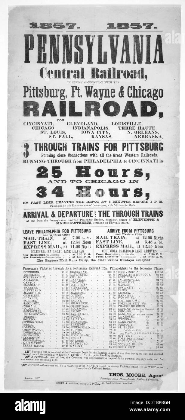 1857 Pennsylvania Central Railroad, en liaison directe avec le Pittsburgh, ft. Wayne & Chicago Railroad pour Cincinnati, Chicago, St. Louis, St. Paul, 1857 ans Banque D'Images