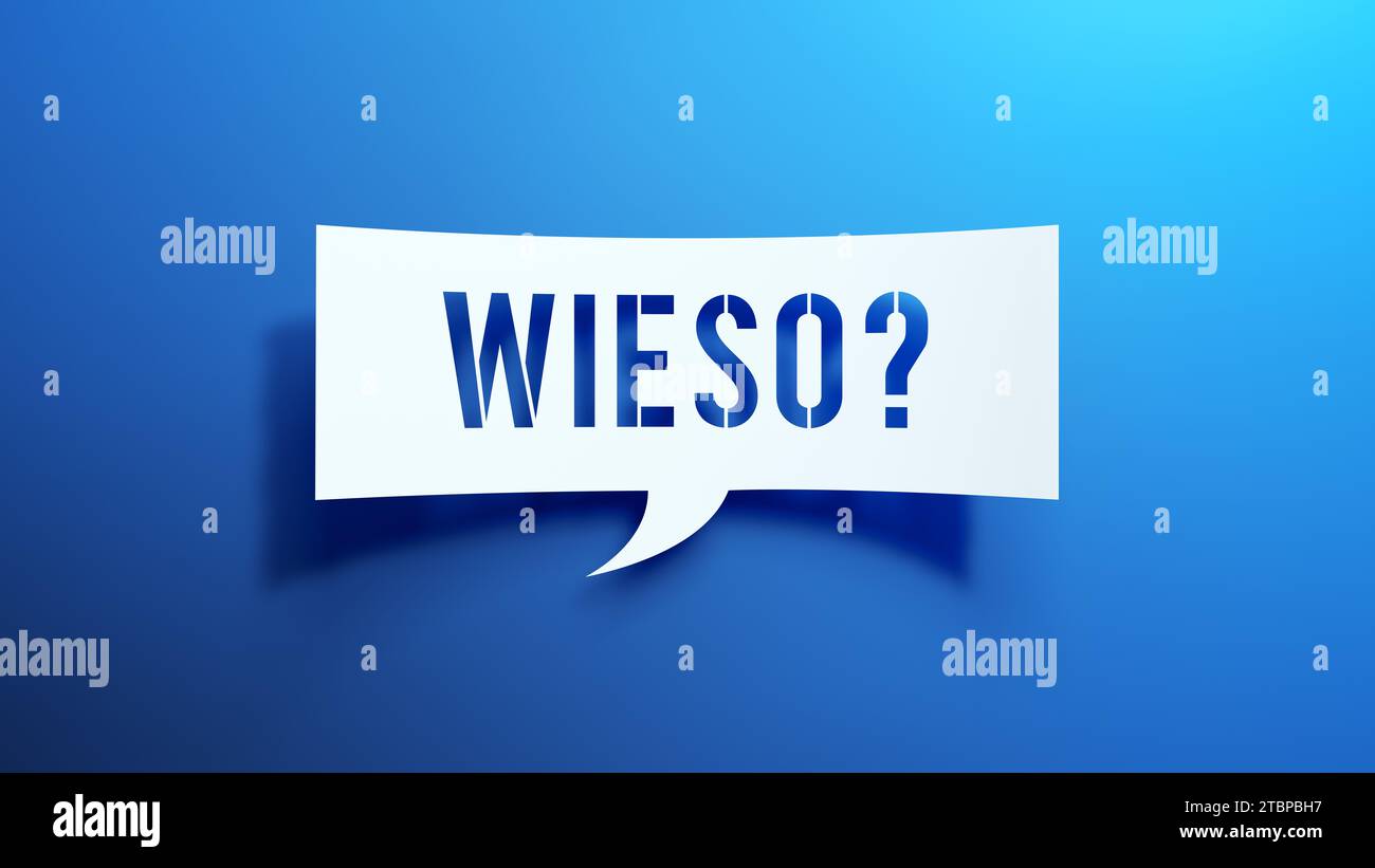 ieso ? - Speech Bubble. Langue allemande. Design abstrait minimaliste avec papier découpé blanc sur fond bleu. Rendu 3D. Banque D'Images