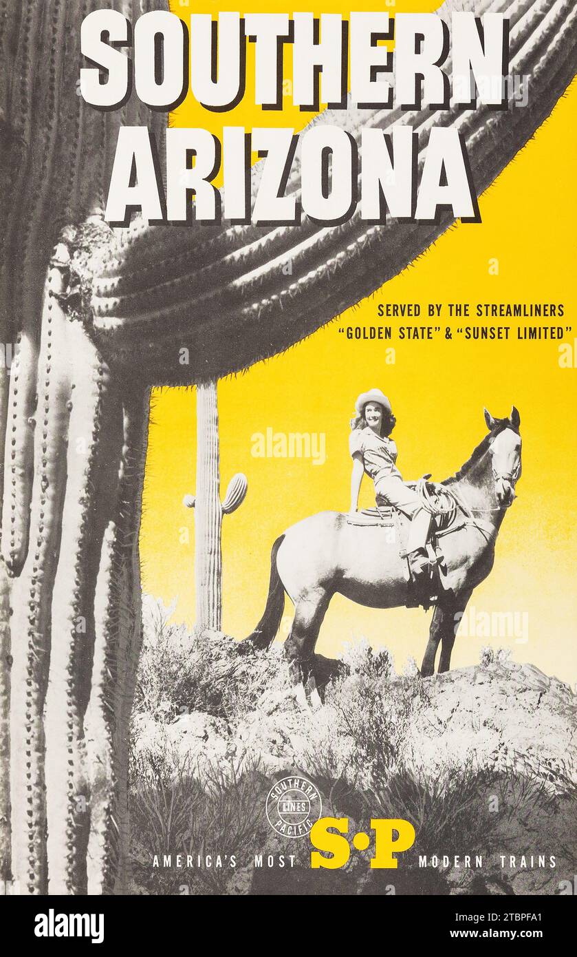 Southern Arizona (Southern Pacific Lines, 1950s) affiche de voyage avec une femme sur un cheval et un cactus. Banque D'Images