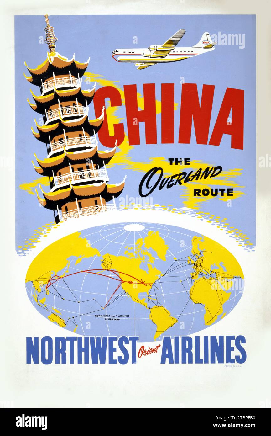 Affiche de voyage américain vintage - Chine, la route terrestre. Northwest Orient Airlines, 1950 Banque D'Images