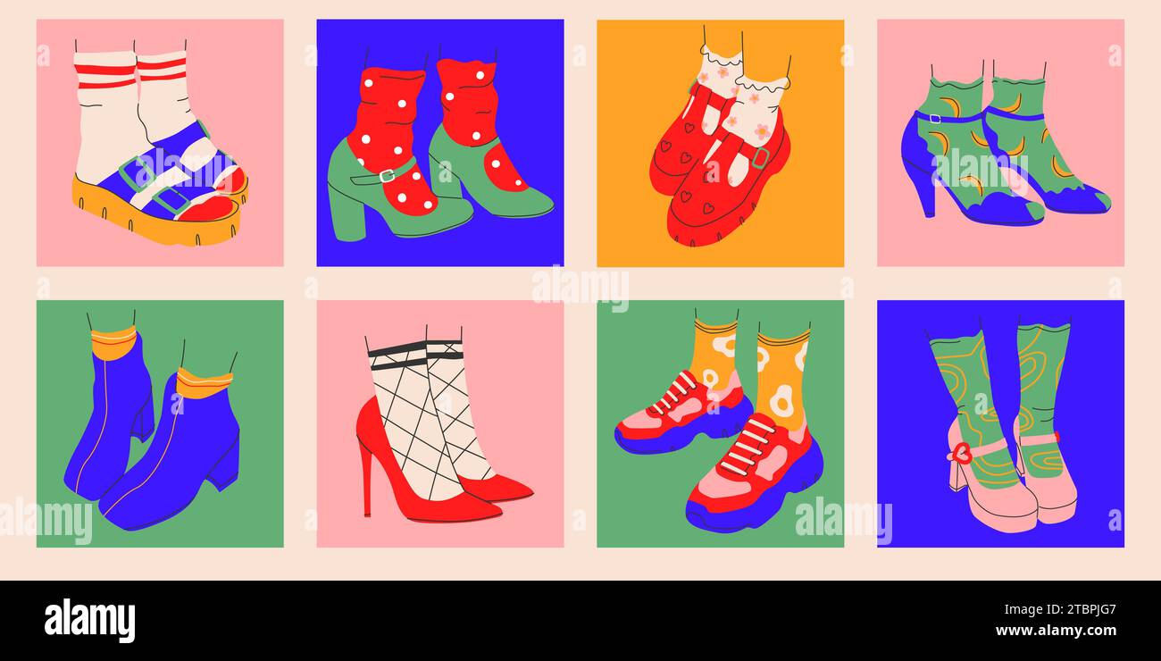 Collection de chaussures pour femmes affiches avec et sans talons.Chaussures, chaussons, baskets dans un style tendance. Vecteur isolé Illustration de Vecteur
