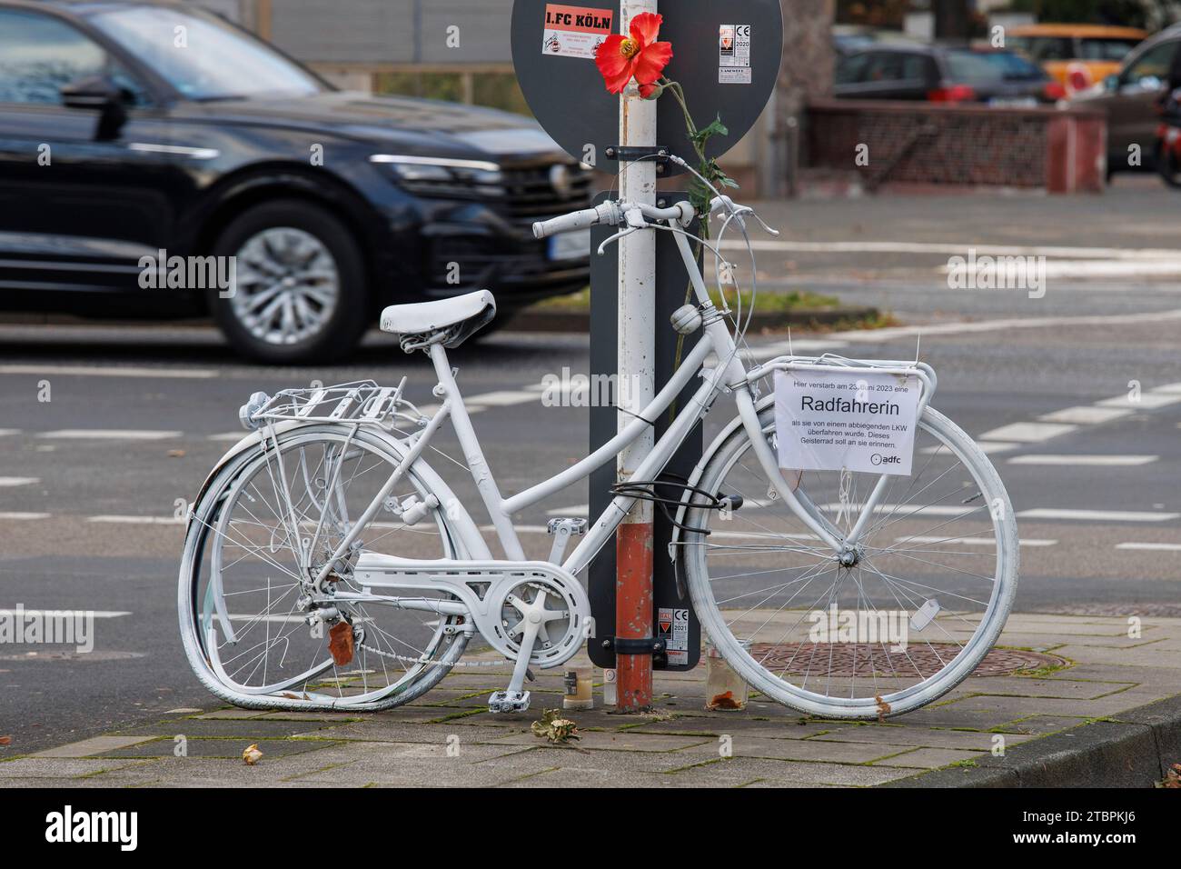 Vélo fantôme, vélo blanc rappelle une cycliste féminine, qui a eu un accident mortel à cet endroit, rue Riehler, Cologne, Allemagne. Geisterrad, weisses Fa Banque D'Images