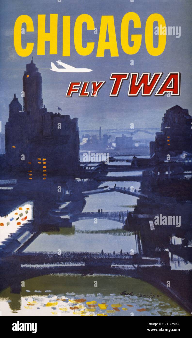 Affiche de voyage américaine vintage - Chicago - Fly TWA - Austin Briggs artwork, 1960 Banque D'Images