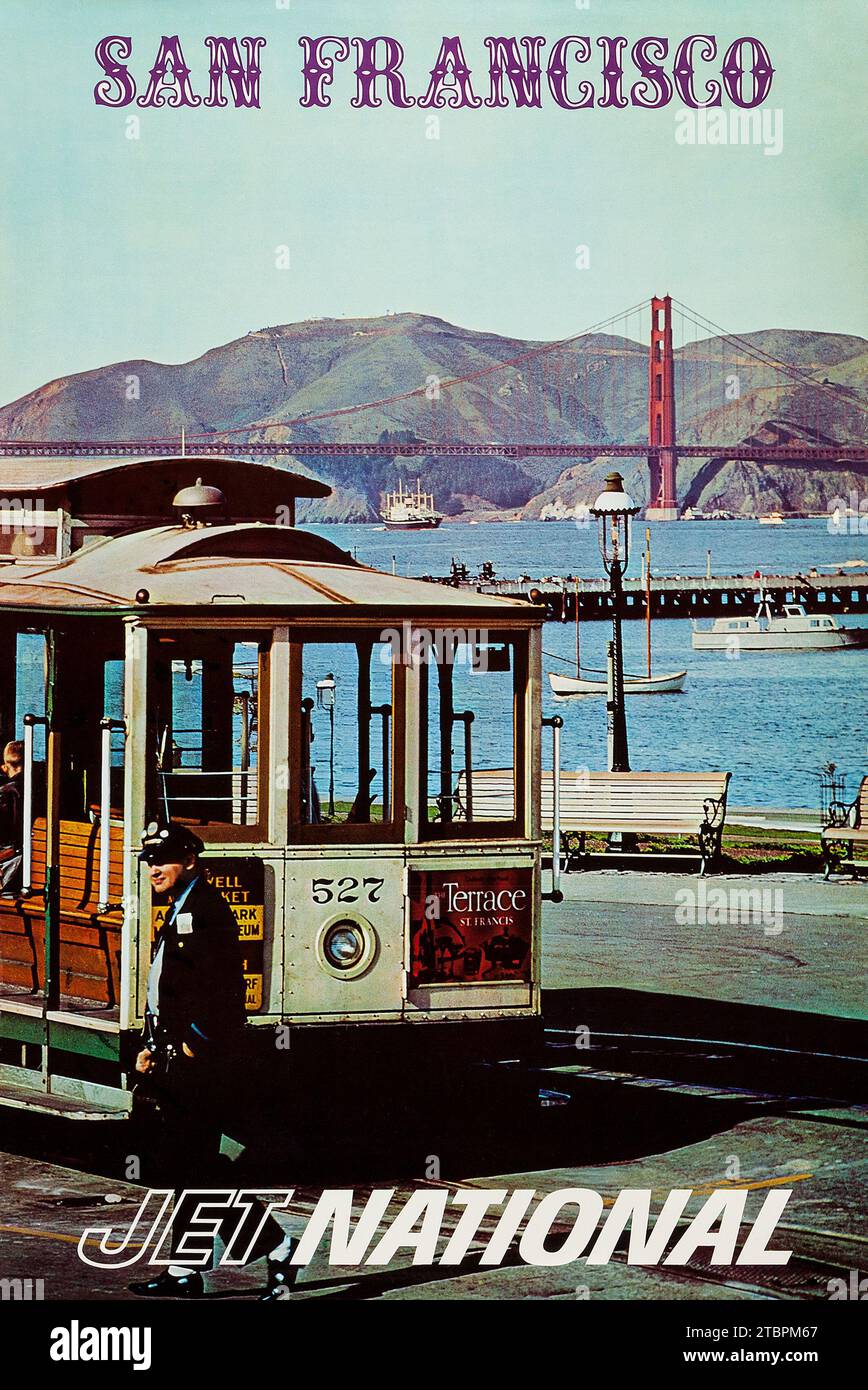 San Francisco, Tram et Golden Gate - affiche de voyage - Jet National, années 1960 Banque D'Images