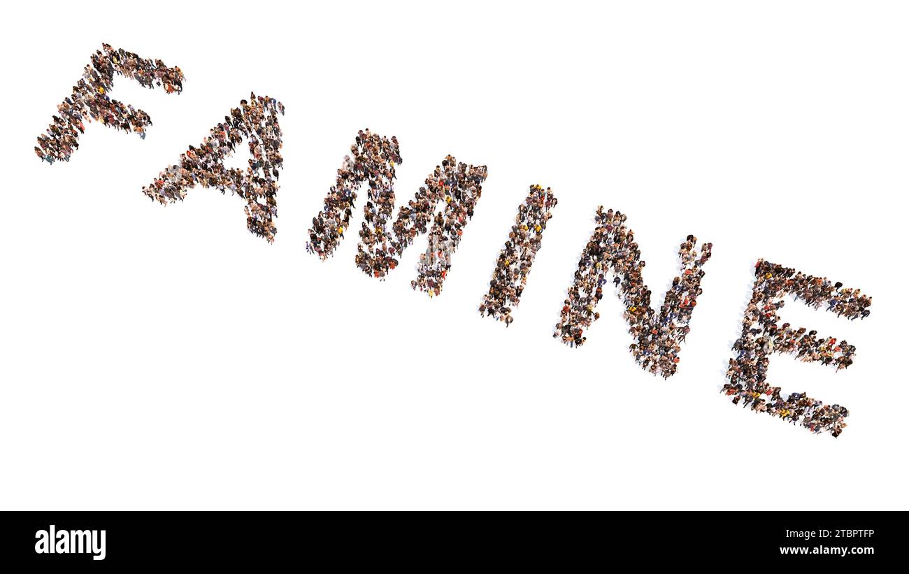 Concept conceptuel vaste communauté de personnes formant le mot FAMINE 3D illustration métaphore de la faim, pénurie de céréales, sécheresse, eau Banque D'Images