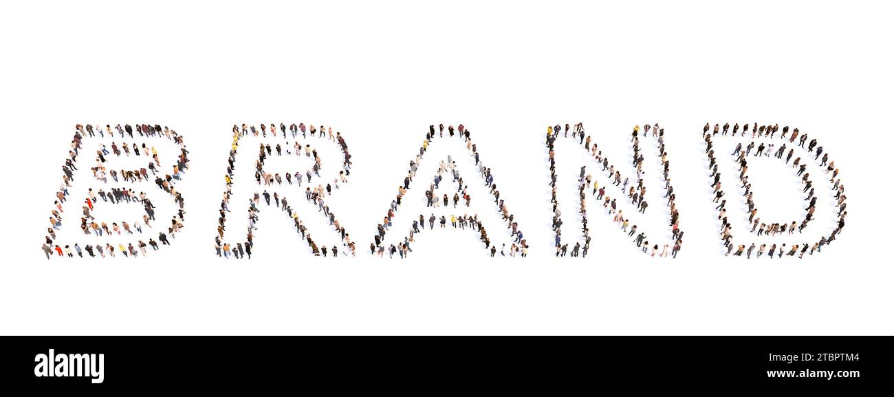 Conceptuelle Grande communauté de personnes formant la MARQUE DE mot. métaphore d'illustration 3d pour les affaires, l'identité d'entreprise, le design moderne, le commerce Banque D'Images
