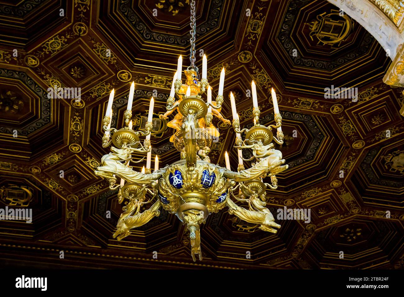 FONTAINEBLEAU, FRANCE - 16 MAI 2015 : c'est l'un des lustres avec le symbole de Napoléon III dans la salle de bal du château. Banque D'Images