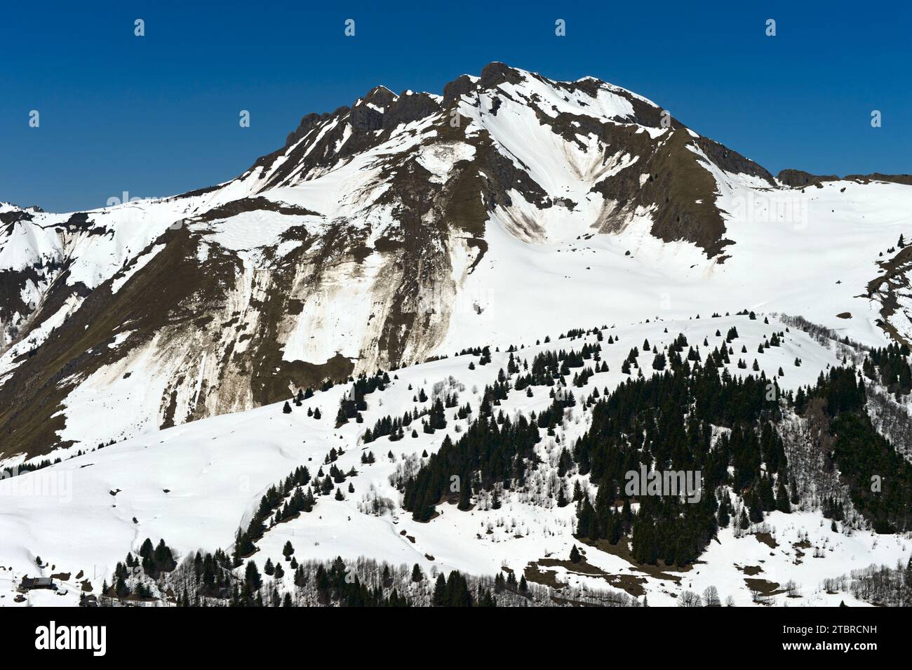 Pentes enneigées avec avalanches au printemps, Géoparc UNESCO Chablais, les Gets, haute-Savoie, France Banque D'Images