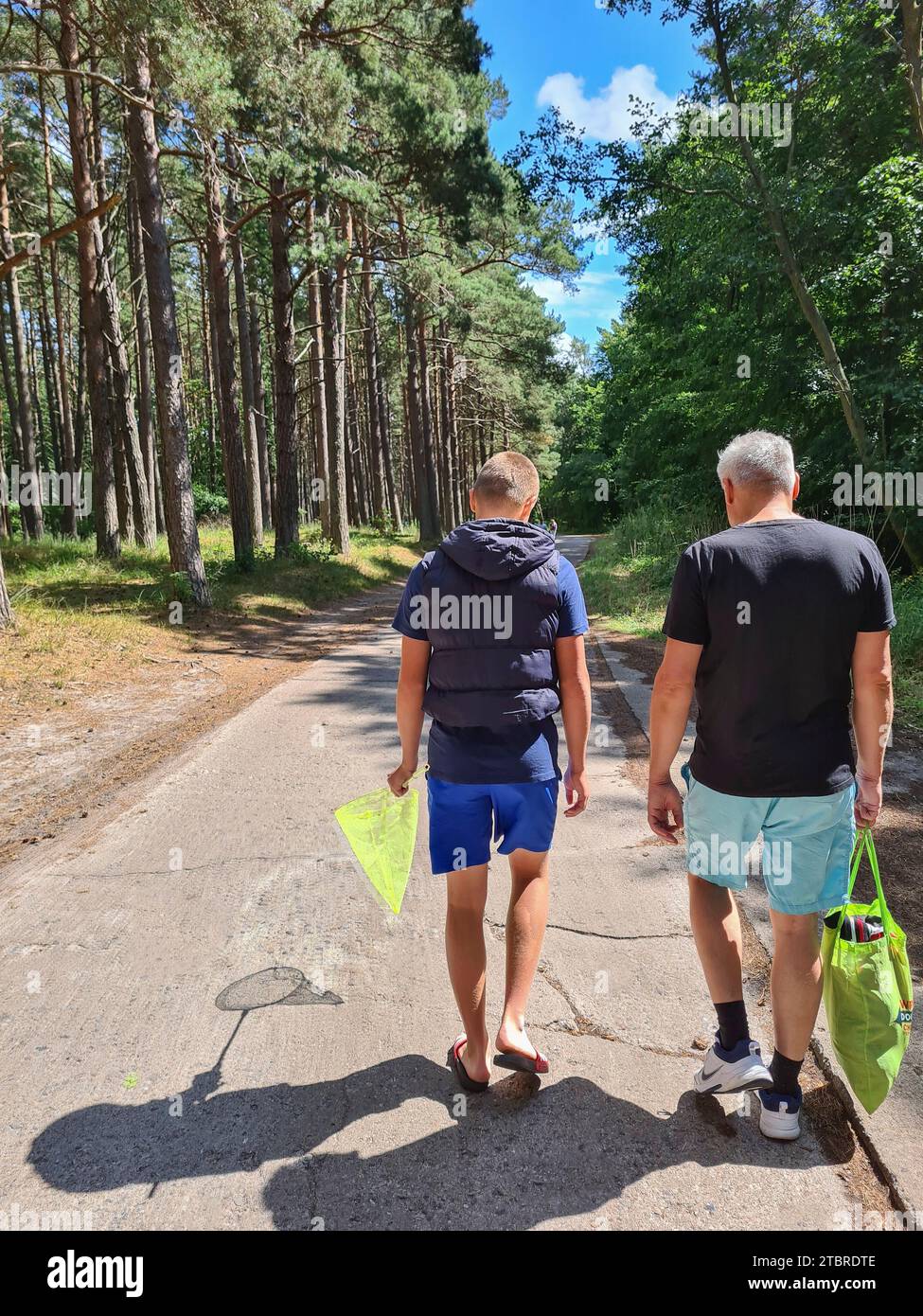 Allemagne, Mecklembourg-Poméranie occidentale, péninsule Fischland-Darß-Zingst, Prerow, père et fils font une promenade à travers une zone forestière sur une belle journée d'été avec le ciel bleu et les nuages Banque D'Images