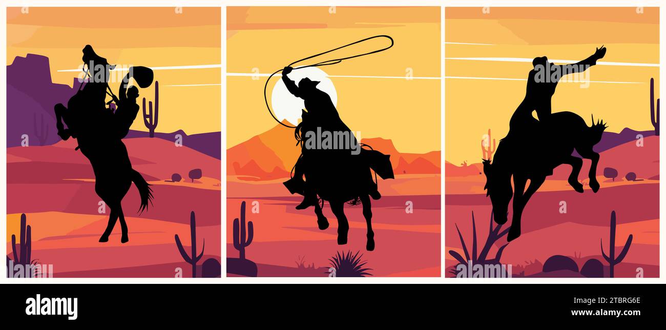 Ensemble de silhouettes de vecteur de cheval d'équitation de cow-boy. Illustration de Vecteur