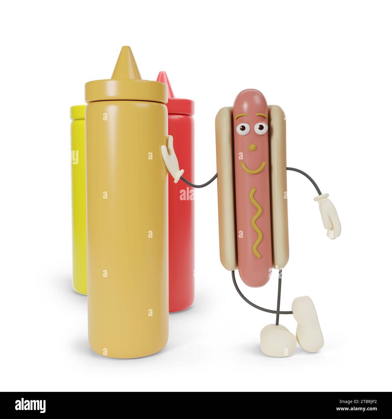 Personnage drôle de hot-dog de dessin animé appuyé sur un récipient de moutarde isolé sur fond blanc. illustration 3d. Banque D'Images