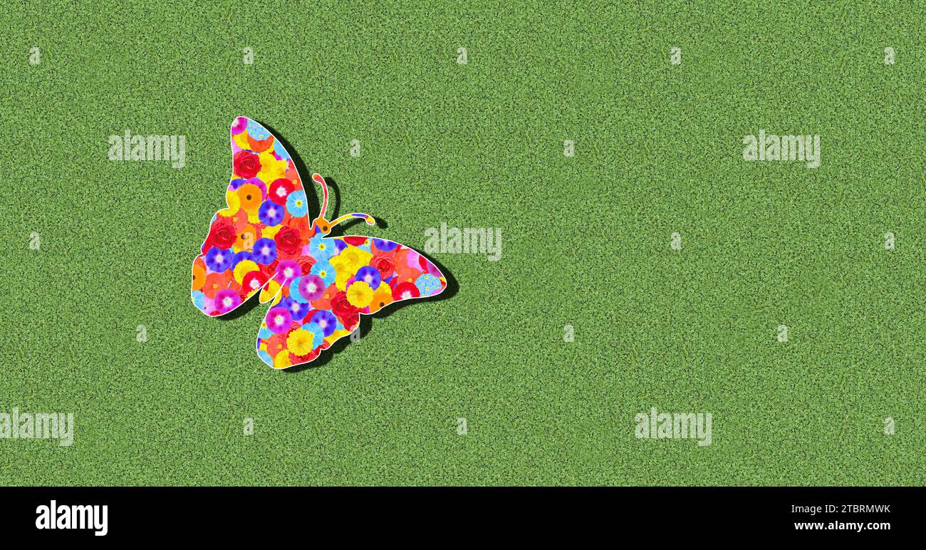 Papillon, silhouette, fleurs, illustration, graphique, coloré, coloré, sur un fond vert, volant au soleil avec des ombres Banque D'Images