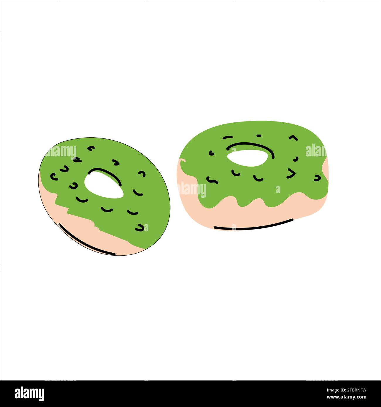 Thé vert Matcha Donuts avec garniture. Illustration vectorielle isolée. Peut être utilisé pour l'icône douce, stikers, fond de menu, cartes, étiquettes de prix, imprimer. Illustration de Vecteur