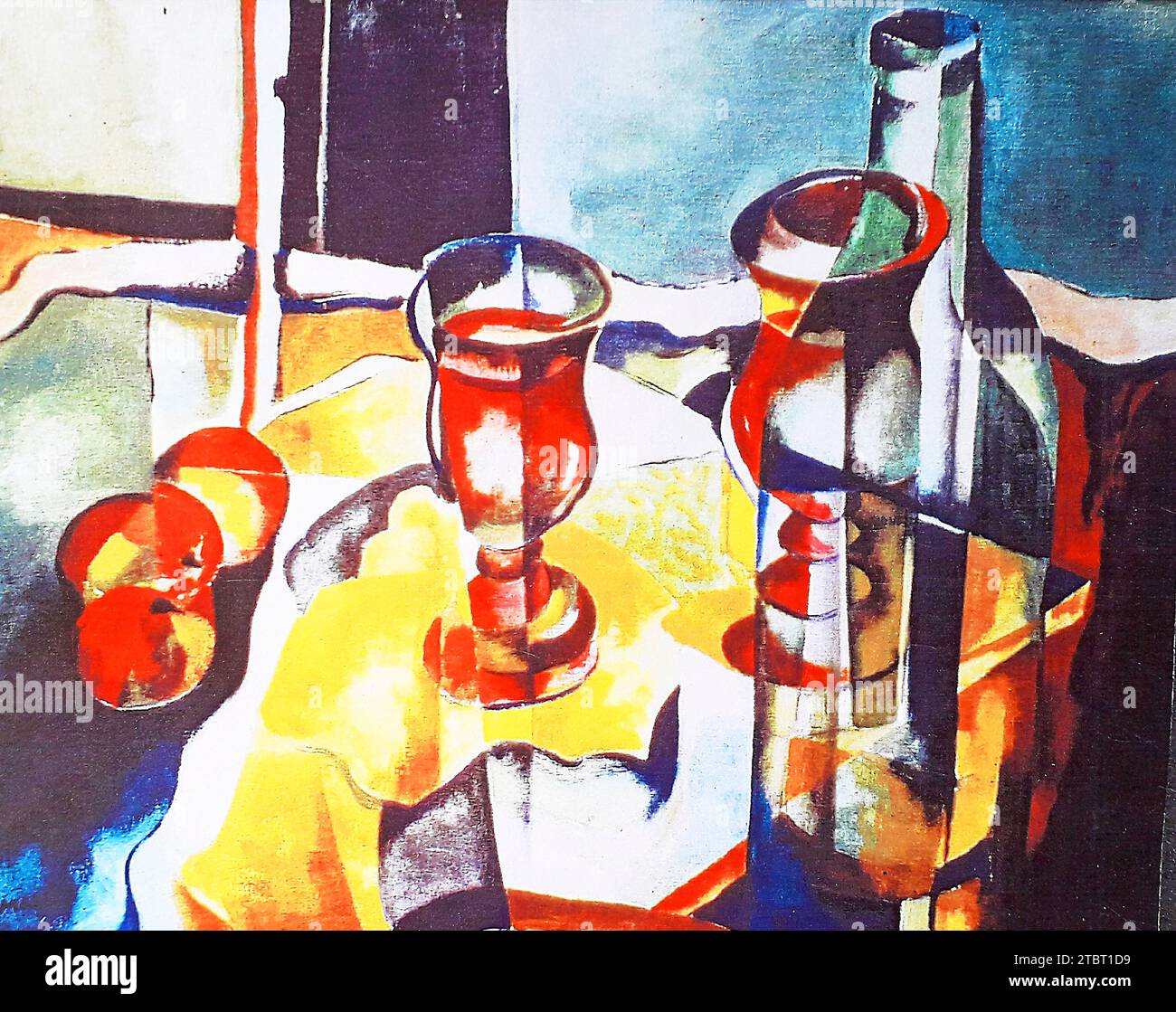 Peinture à l'huile de Volker von Mallinckrodt dans le style cubiste, cubisme, avec bouteille de vin, deux verres à vin et pommes - Volker von Mallinckrodt a étudié l'art avec Xaver Fuhr à Munich. Banque D'Images