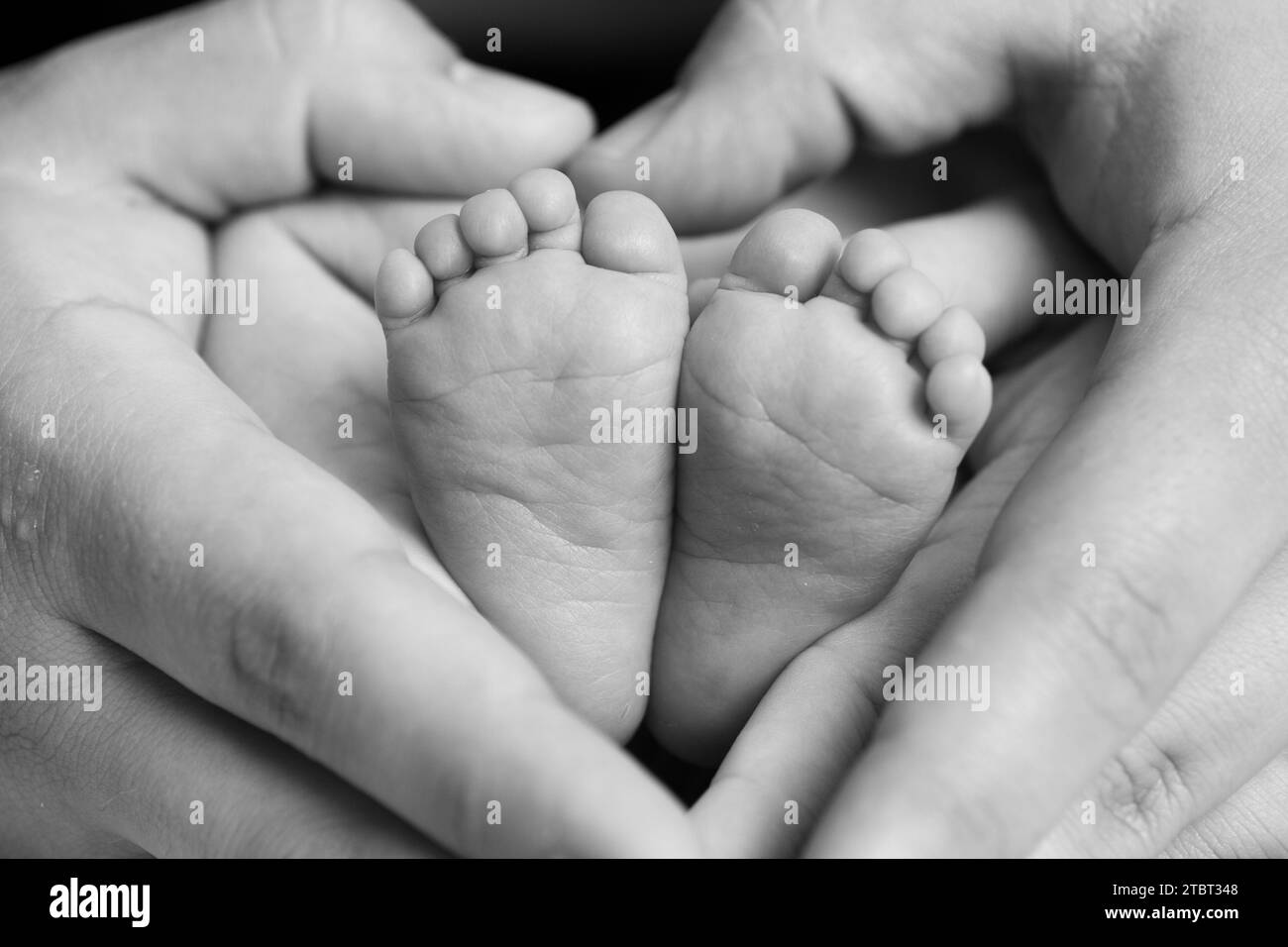 Pieds de bébé nouveau-né bercés dans des mains en forme de cœur en noir et blanc Banque D'Images