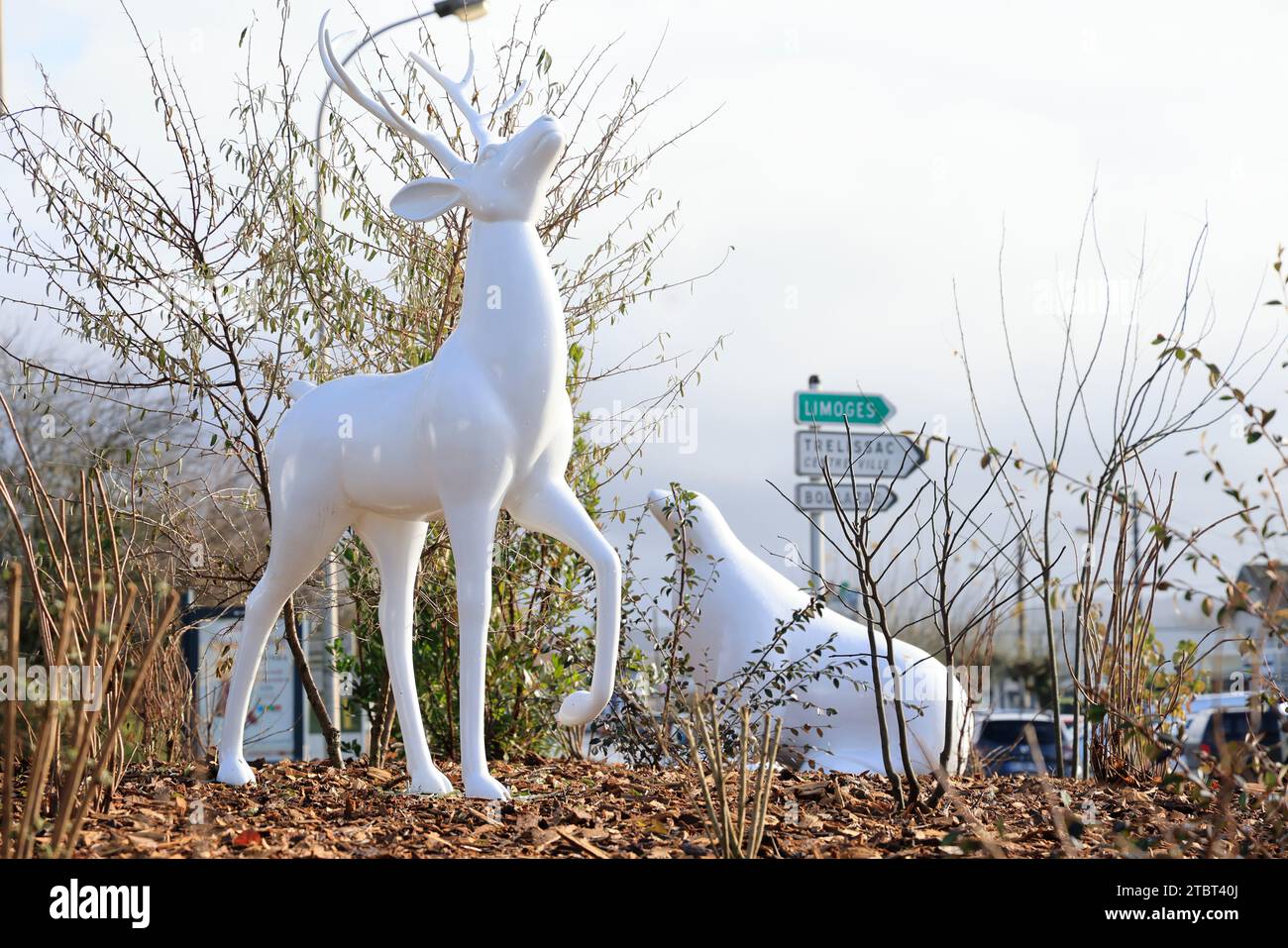 Trélissac, France. 8 décembre 2023. Avec le réchauffement climatique à l’approche de Noël, la neige est devenue rare dans le Sud-Ouest de la France. Seules les décorations installées rappellent les décors naturels froids et enneigés de Noël. Trélissac, Périgord, Dordogne, France, Europe. Photo Hugo Martin/Alamy Live News. Banque D'Images