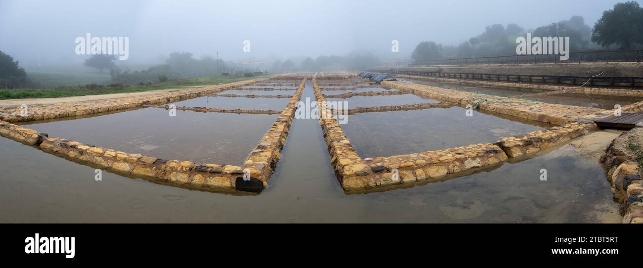 Vue panoramique des étangs d'évaporation de sel sur une journée brumeuse, avec des surfaces d'eau tranquilles et des barrières rustiques. Banque D'Images