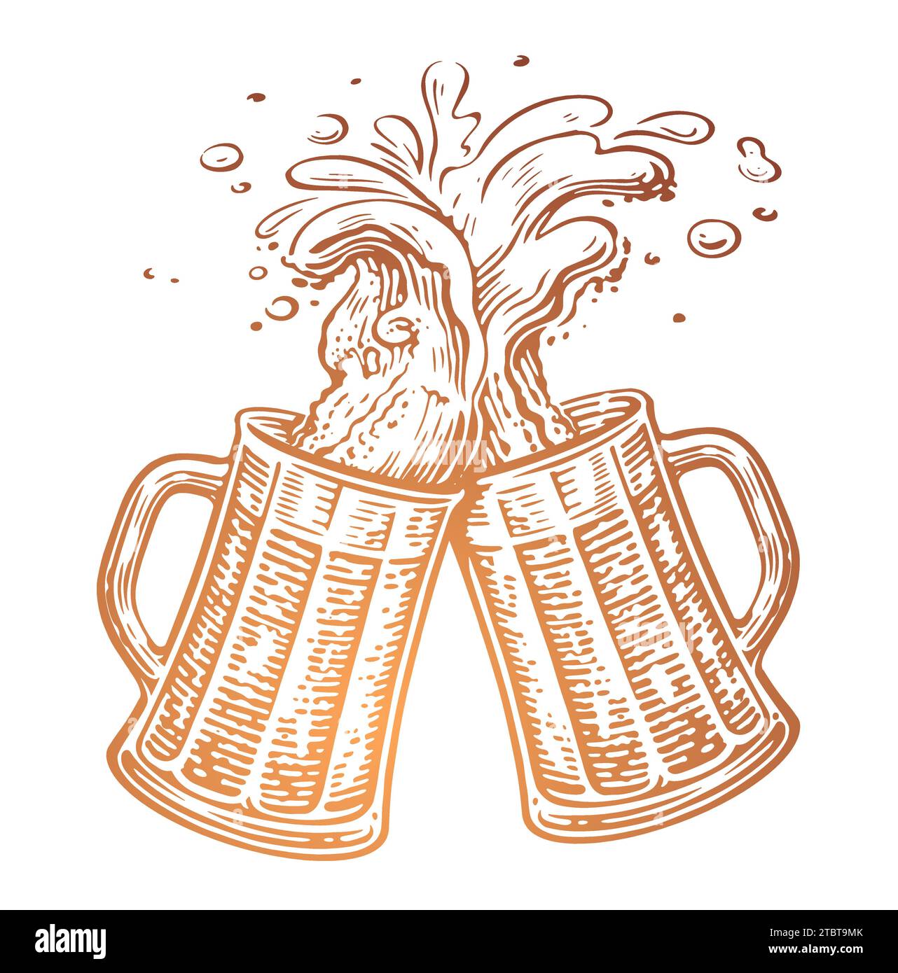 Tiré à la main deux tasses à bière grillées, Cheers. Tasses en verre clinking. Oktoberfest, illustration vectorielle Illustration de Vecteur