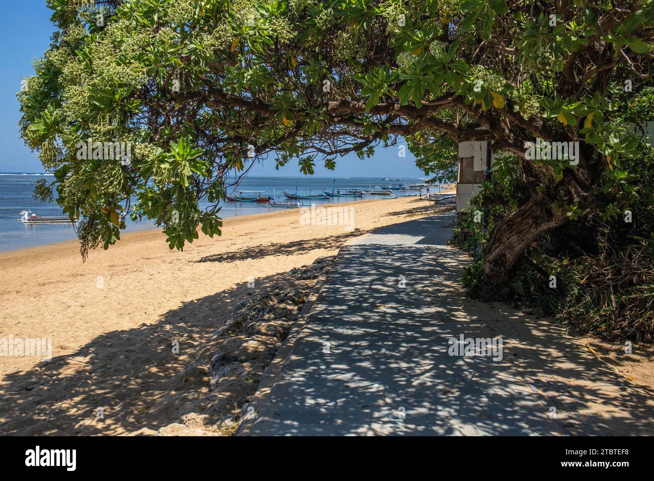 Lever de soleil sur plage de sable, paysage tourné avec vue sur la mer et la plage, vagues légères et belle ambiance matinale, Sanur, Bali, Indonésie Banque D'Images