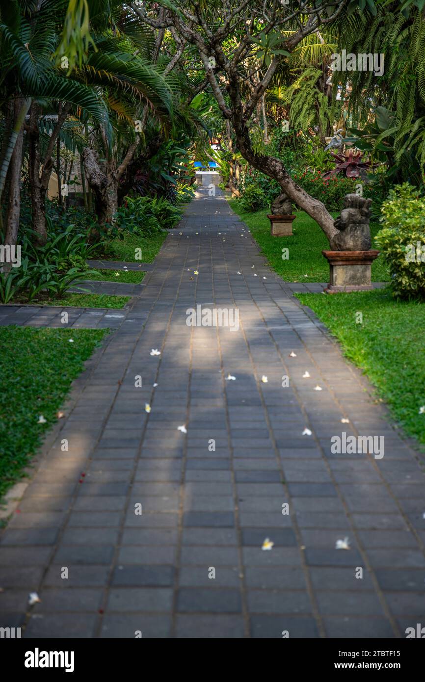 Parc avec des plantes tropicales et des statues traditionnelles de la foi hindoue et pour la décoration, la vie insulaire tropicale en tant que touriste à Bali, Indonésie Banque D'Images