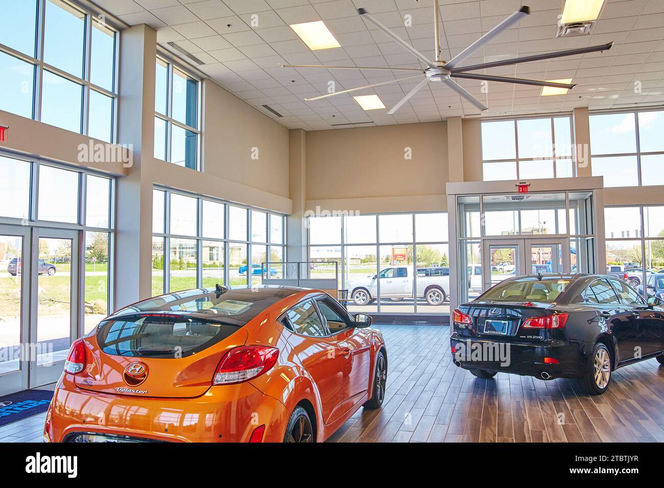 Présentoir lumineux dans la salle d'exposition avec une voiture compacte orange et une berline noire élégante Banque D'Images