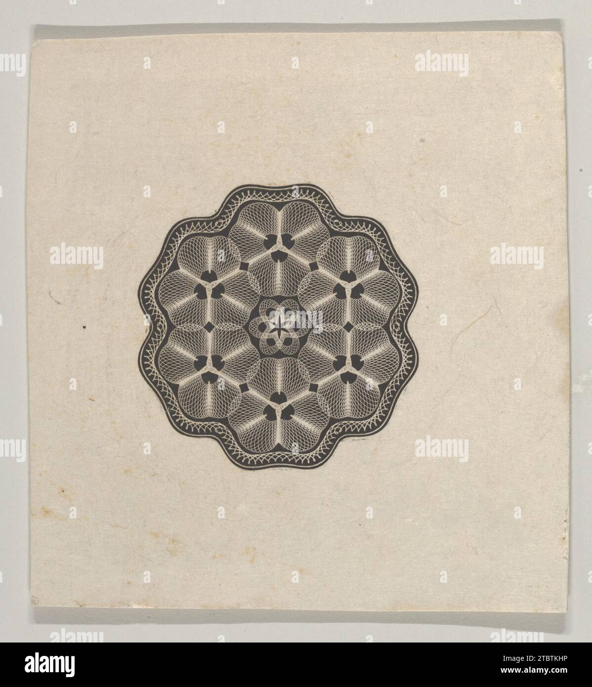 Motif billet de banque : un petit ornement à six lobes avec une bordure en corde, l'intérieur orné de fleurons de travail de tour 2002 par A. B. & C. Durand & Company Banque D'Images