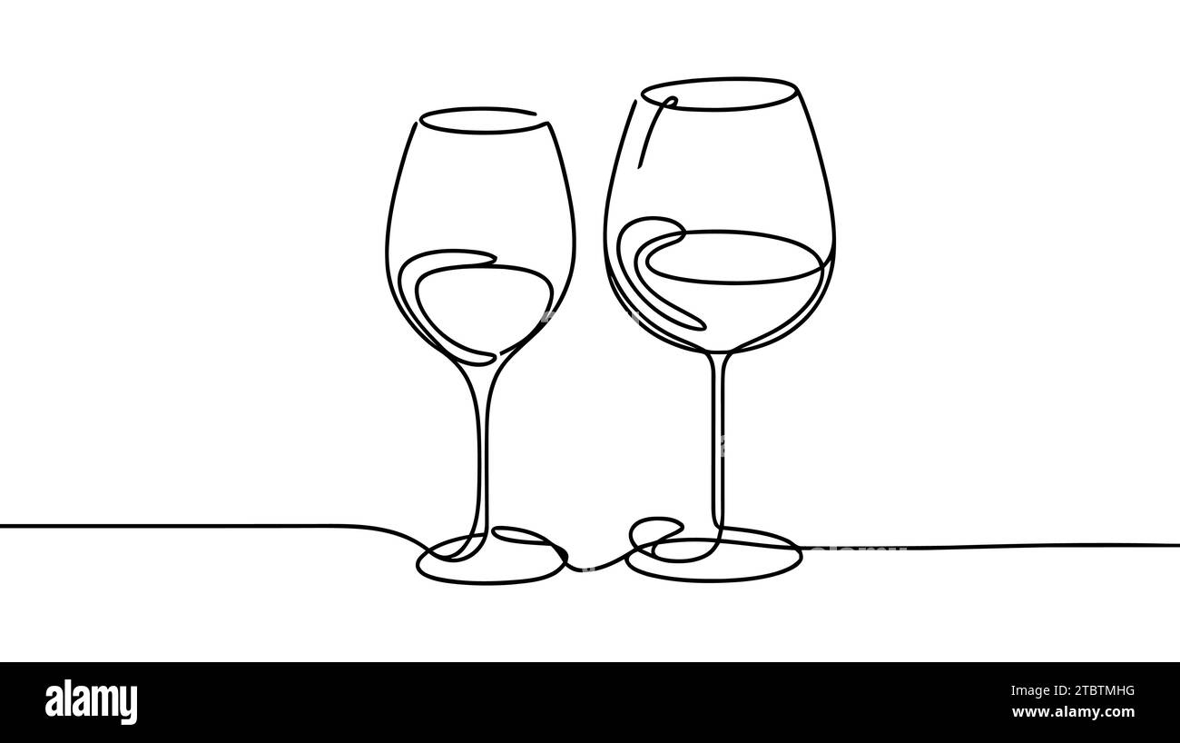 Dessin continu d'une ligne de deux verres de vin rouge. Concept linéaire minimaliste de célébration et acclamation. Illustration vectorielle de trait modifiable Illustration de Vecteur