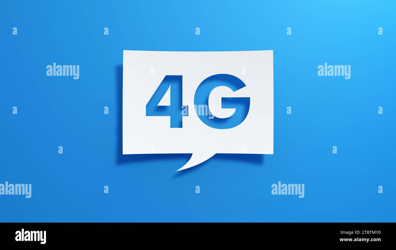 Bulle de parole du réseau Internet mobile 4G. Design abstrait minimaliste avec papier découpé blanc sur fond bleu. Rendu 3D. Banque D'Images
